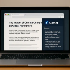 Laptop on a desk showing Comet, Perplexity’s AI browser assistant, summarizing a web article with a dark sidebar interface, coffee mug and plant in background.