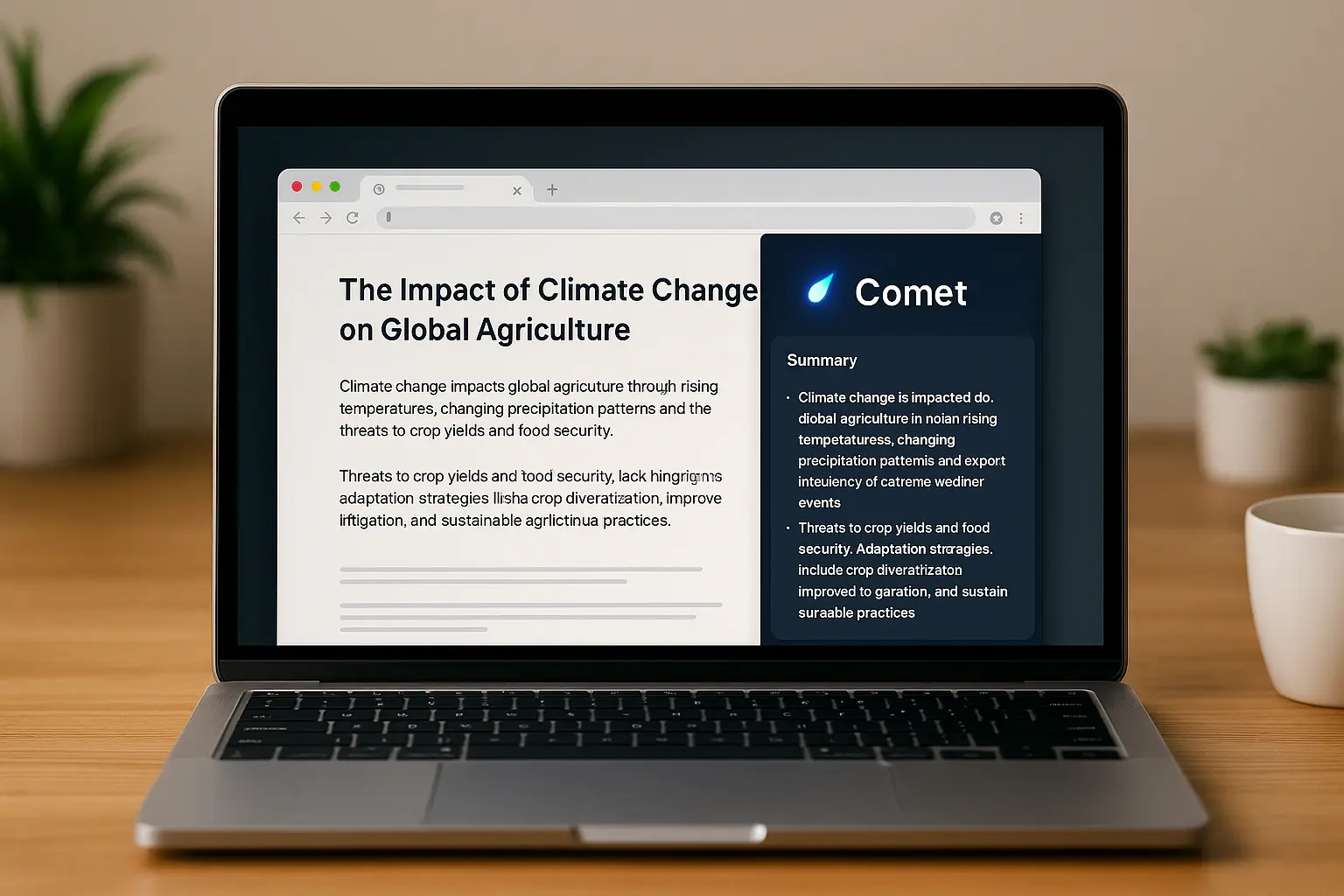 Laptop on a desk showing Comet, Perplexity’s AI browser assistant, summarizing a web article with a dark sidebar interface, coffee mug and plant in background.